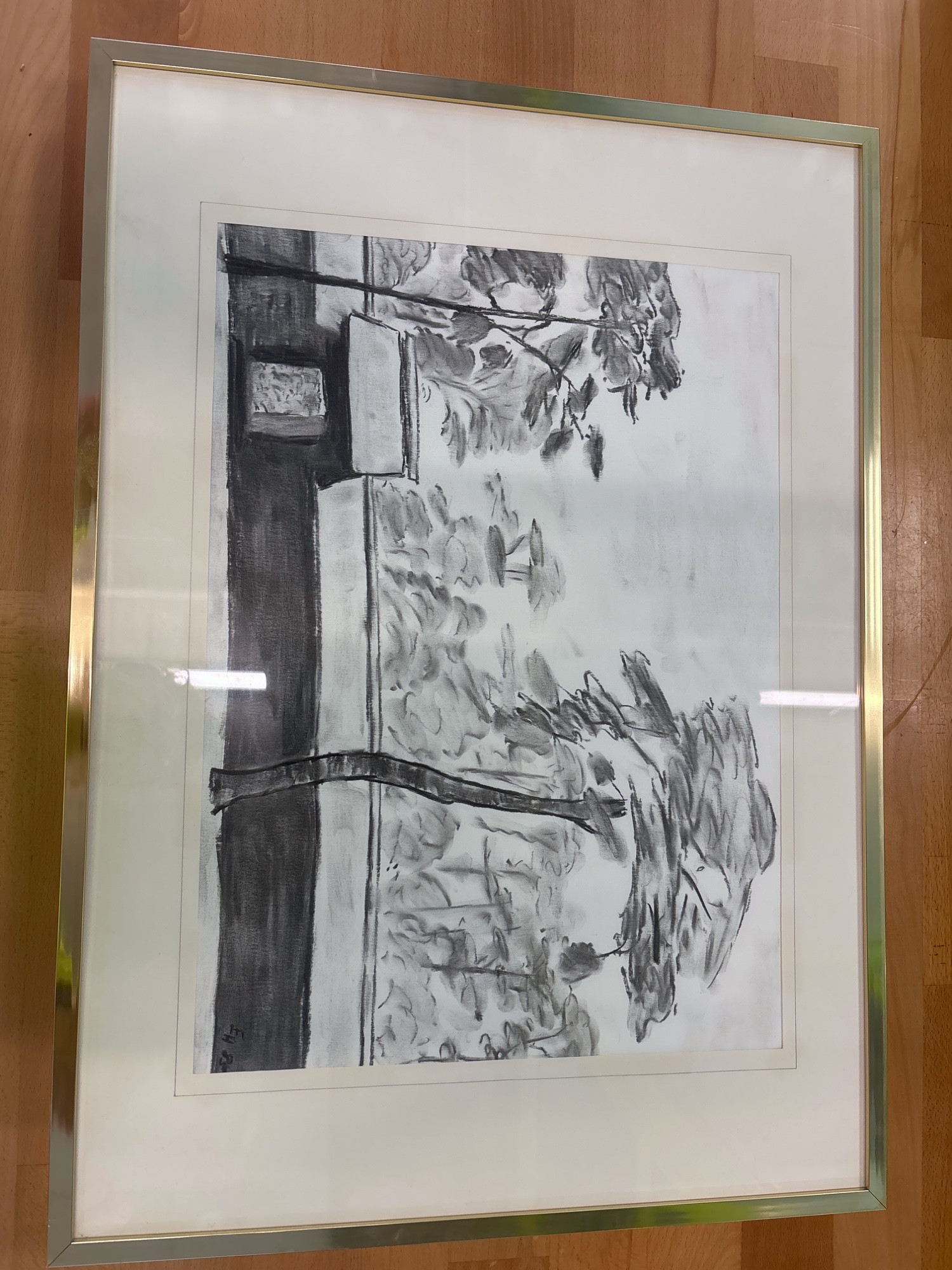 Gerahmte Kohlezeichnung, Landschaft, 70x50 cm
